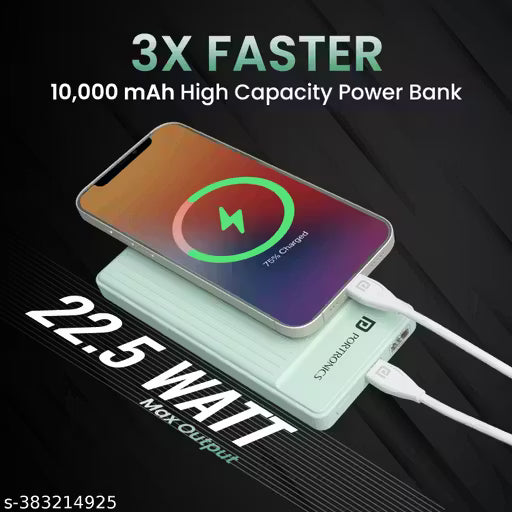 Portronics Luxcell B 10K 10000 mAh 22.5W Fast charging Power Bank, Ultra Slim Power Bank with Mach USB-A Output, Type C PD Output, Type C Input, Wake Up Button(Green)