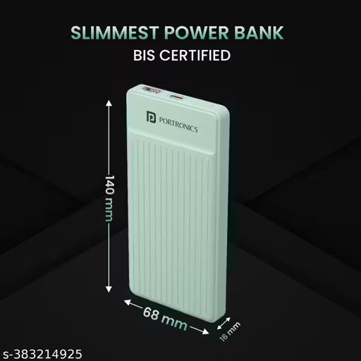 Portronics Luxcell B 10K 10000 mAh 22.5W Fast charging Power Bank, Ultra Slim Power Bank with Mach USB-A Output, Type C PD Output, Type C Input, Wake Up Button(Green)